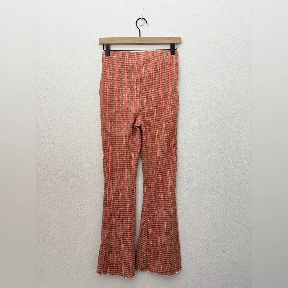 Free People Fine Line High Rise Plaid Flare Boho Ankle Pant in Rust Combo XS NEW